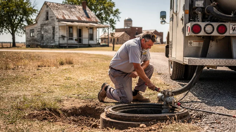 Septic service technician working on a residential septic system in Carbondale, KS