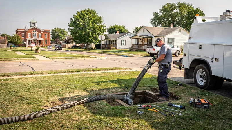 Septic service technician pumping a septic tank in Lyndon, KS