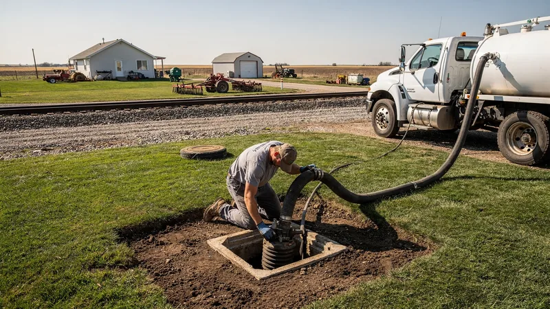 Septic service technician servicing a residential septic tank in Meriden, KS