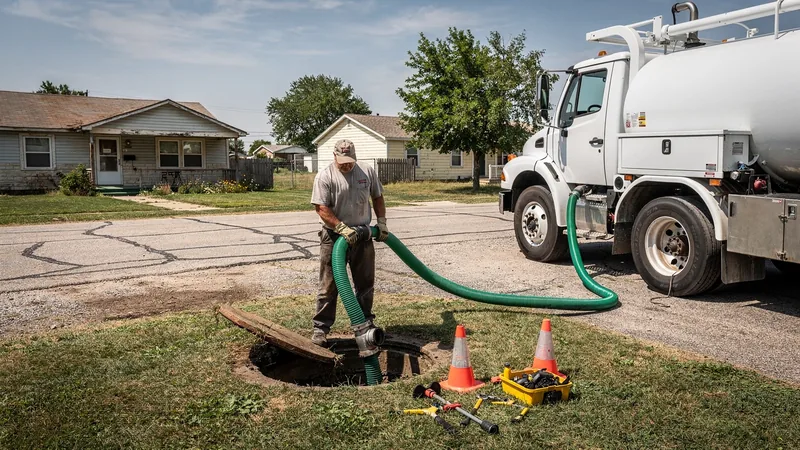 Septic service technician pumping a residential septic tank in Oskaloosa, KS