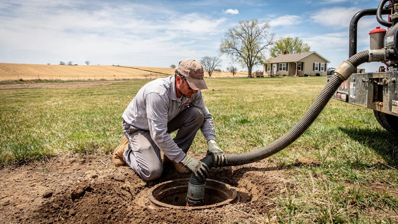 Septic service technician servicing a residential septic tank in Overbrook, KS