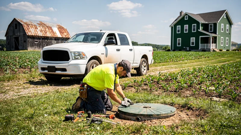 Septic service technician servicing a residential septic tank in Rossville, KS