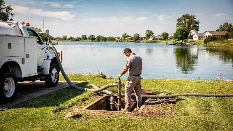 Septic service technician pumping a septic tank in Silver Lake, KS