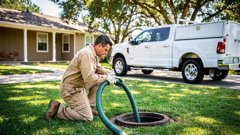 Septic service technician pumping a residential septic tank in Topeka, KS